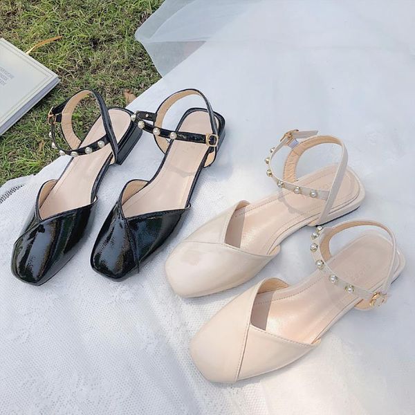

sandals baotou women's spring/summer 2021 pearl joker fairy wind flat square head lady comfortable casual shoes., Black