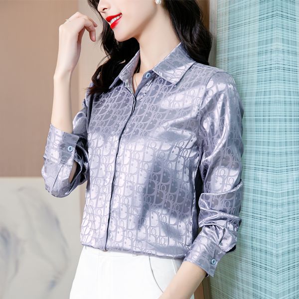

luxury designer glossy silk long sleeve runway lapel button blouses casual holiday office lady spring autumn high-end elegant jacquard cute, White