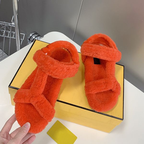 

fashion spray two colors warm wool sandals luxury designer hook loop buckle comfortable ladies shoes flat heeled womens casual large size sa, Black