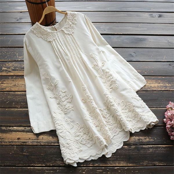 

sring art women's shirts mori girl embroidery lace collar flowers long sleeve shirt cotton girls blouse blouses &, White