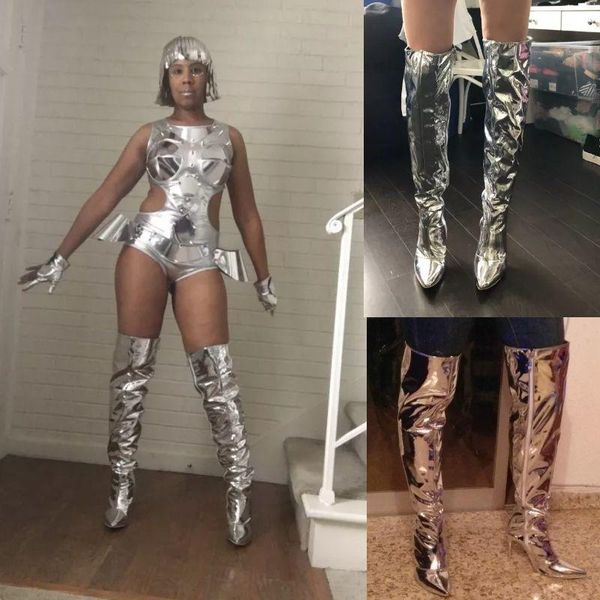 

fashion bright pu mirror party high heels women shoespointed toe footwear 2021 plus size over the knee boots boot zip shoes 43, Black