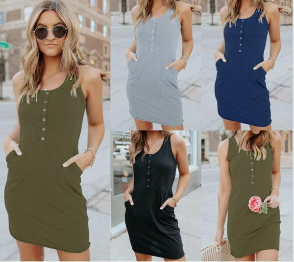 

casual dresses vs&llwq women summer cotton bodycon dress solid mini loose sleeveless button for 2021, Black;gray