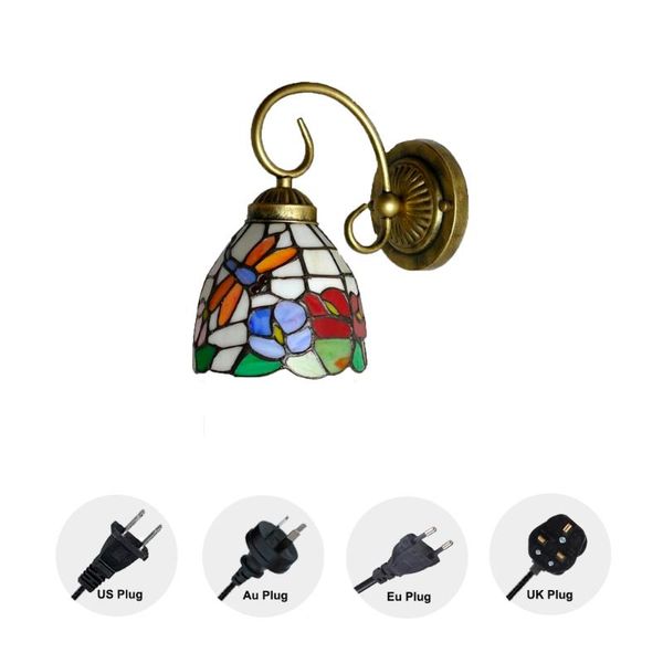 

tiffany 1-lamp plug-in or hardwired bulb not included wall sconce dragonfly and flower glass lampshade 6 foot black cord lamp