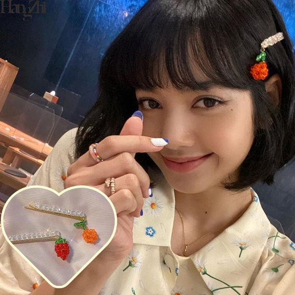 

hair clips & barrettes hangzhi 2021 korea sweet orange strawberry crystal braided beaded hairpins for women accessories, Golden;silver