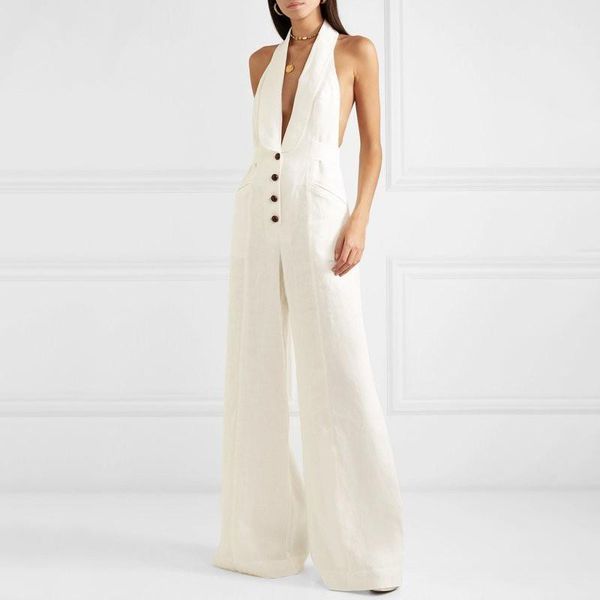 

women's jumpsuits & rompers solid off shoulder jumpsuit women halter button high waist big size wide leg pants female spring fashion, Black;white