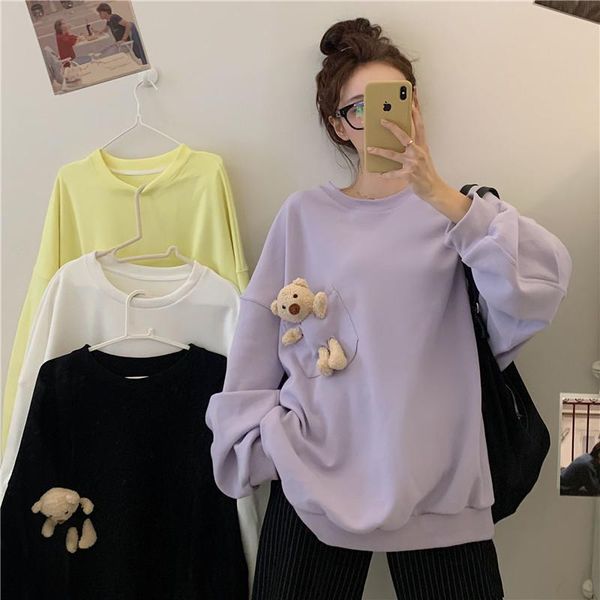 

women's hoodies & sweatshirts spring autumn women loose cute pocket bear hoodie sweatshirt girls student casual kawaii harajuku pullove, Black