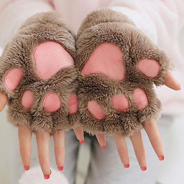 

five fingers gloves women warm plush cute bear cat claw mittens girls soft half finger for christmas halloween party gifts, Blue;gray