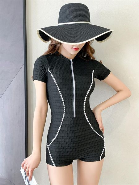 

one-piece suits short sleeve one piece swimsuit women zipper rash guard solid black swimwear high neck open back bathing suit pads surfing
