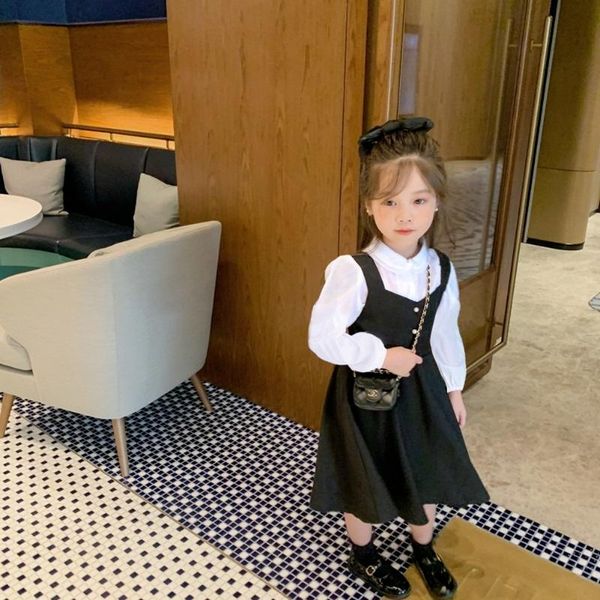 

selling spring and autumn toddler girls clothing sets white seersucker shirt+ black dress clothes