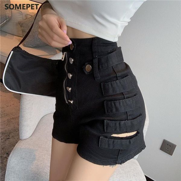

women's shorts women denim solid button zipper hole skinny high waist summer vintage chic streetwear fashion ins ulzzang retro, White;black