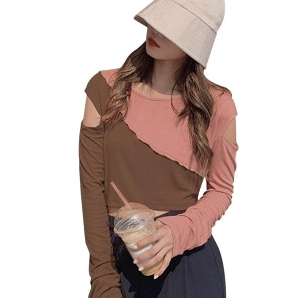 

women's t-shirt fashion hollow design hit color bottoming shirt autumn long-sleeved round neck short off-shoulder top, White