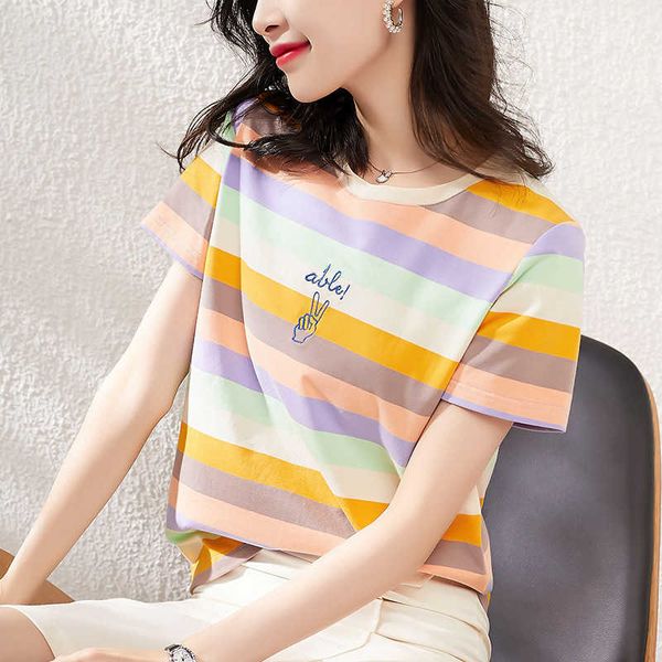 

2021 summer new large loose cotton round neck stripe printing korean women's t-shirt short sleeve, White