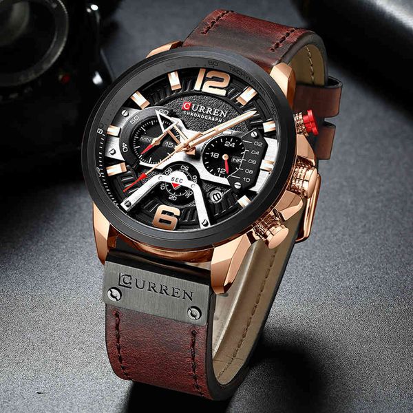 Curren Top Men Watch Fashion Casual Quartz Orologi uomo Militare Pelle Impermeabile Man Orologio Sport Chronograph Relogio Masculino 210517