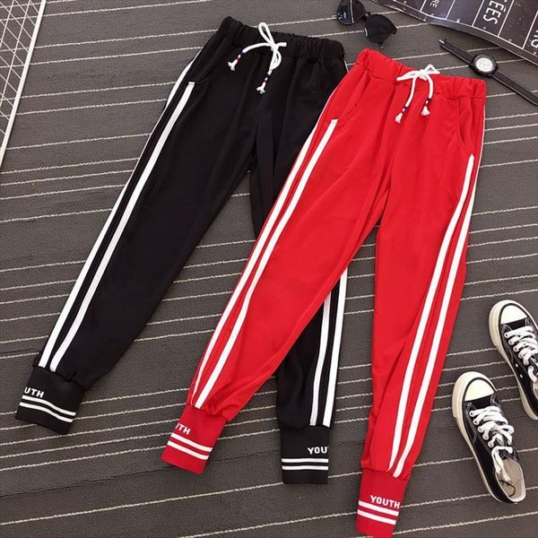 

jogger spring and autumn womens capri letter stripe ankle length student teenager girls black red n45, Black;white