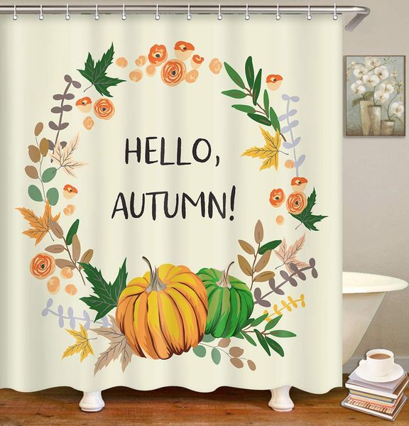 

fall shower curtain, hello autumn wreath orange gray pumpkin maple leaves waterproof polyester fabric bathroom decor bath 72 x