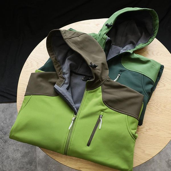 

men's jackets outdoor jacket functional soft shell coats waterproof and windproof fleece composite fabric with hood outerwear, Black;brown