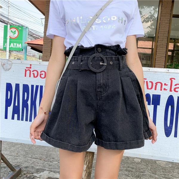 

women's shorts women high waist ruffles denim plus size ladies pleated wide leg belt black short, White;black