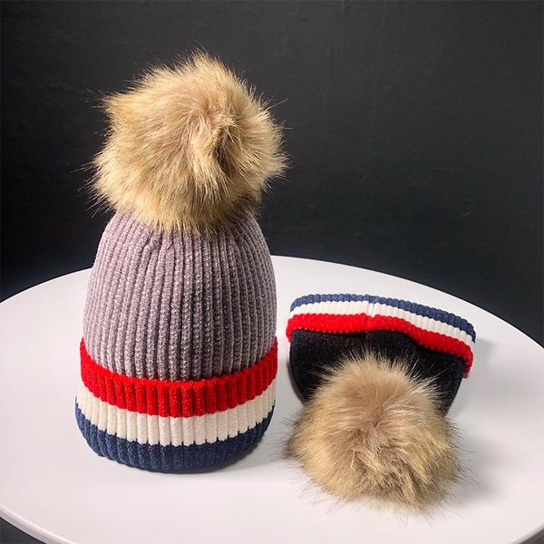 

winter warm thickening women beanie fur ball chenille knitting beanies british style stripe 6 colors hat beanie/skull caps, Blue;gray