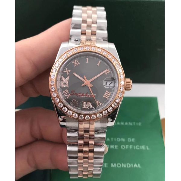 

wristwatches classic stainless steel sapphire watch women lady automatic mechanical diamond bezel silver rose gold datejust black 36mm, Slivery;brown
