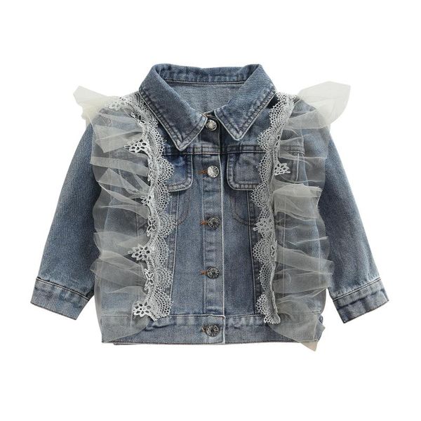 

jackets children spring autumn denim coat, gauze stitching shirt-collar long sleeve button-open jacket for kids girls, 2-8 years, Blue;gray