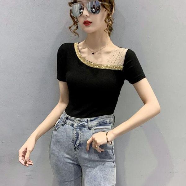 

women short sleeve t-shirt loose summer dress style foreign off the shoulder irregular versatile lady solid color men's t-shirts, White;black