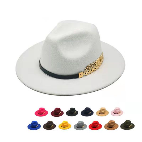 

women's wide brim fedora hat with metal belt buckle fish bone men gentleman hats big maple leaf imitation wool caps, Blue;gray