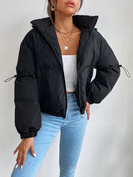 

petite drawstring side drop shoulder zipper hooded puffer coat r5xe#, Black