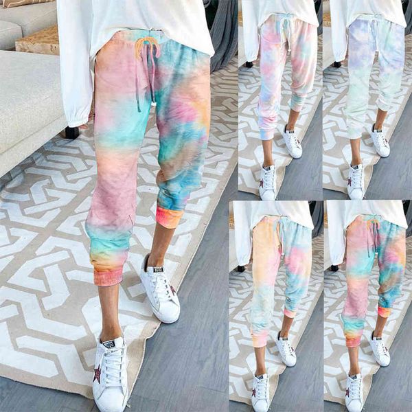 Pantaloni casual a matita con stampa tie-dye Donna Autunno Inverno Pantaloni sportivi elasticizzati a vita alta con lacci Pantaloni sportivi da donna taglie forti 210507