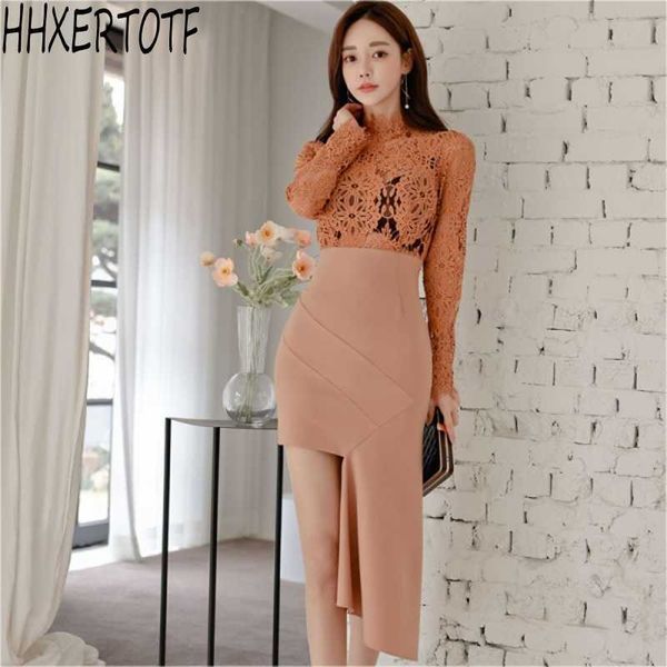 

spring women elegant stitching lace bodycon vestidos hollow out pencil dress irregular slim 210531, Black;gray