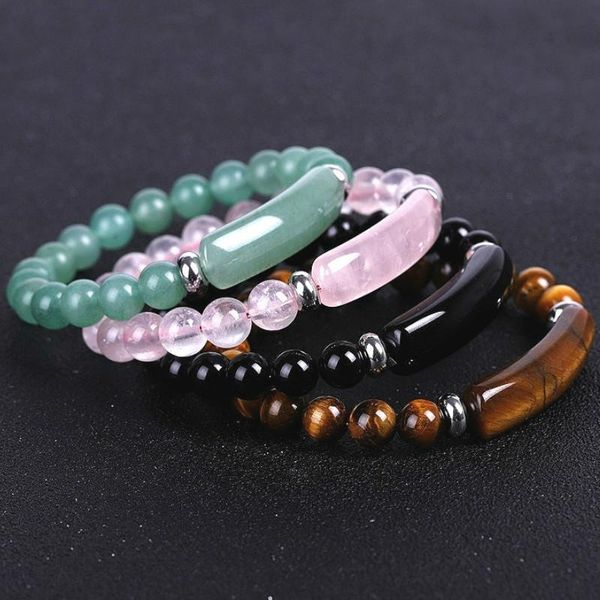 

beaded, strands 8mm natural stone beads bracelet reiki healing pink quartz aventurine agates rose crystal rectangle bar charms jewelry brace, Black