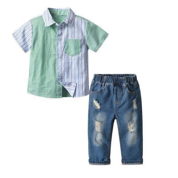 

boys clothing sets kids suits children clothes summer cotton short sleeve striped shirt jeans casual hole denim trousers 2pcs b7054, White