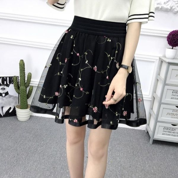 

skirts summer women's mesh elastic waist skirt printed fairy bottom, Black