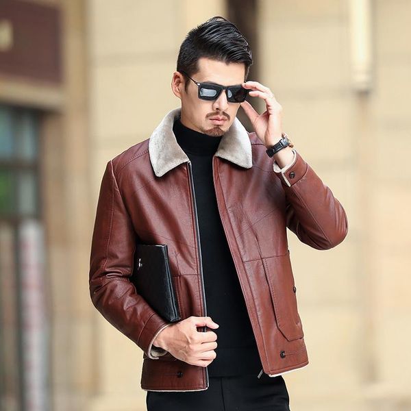 

men's fur & faux men sheep skin fleece motorcycle bomber black leather coats male outerwear winter jacket keep warm