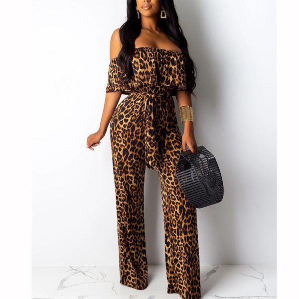 

women's jumpsuits & rompers leopard print women vintage 2021 slash neck reffles off shoulder jumpsuit pants, Black;white