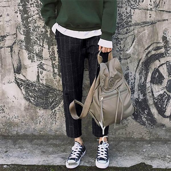 

women's pants & capris women's 2022 spring work turnip vintage check plaid harem trouser women casual elastic waist long pantalon, Black;white