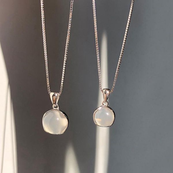 

pendant necklaces trendy simple round necklace with exquisite white stone s925 silvery jewelry for women engagement statement gift, Silver