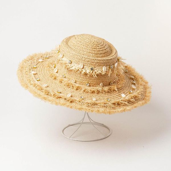 

wide brim hats summer quality straw hat raffia handmade sun for women shell decoration fashion beach casual bonnet enfant, Blue;gray
