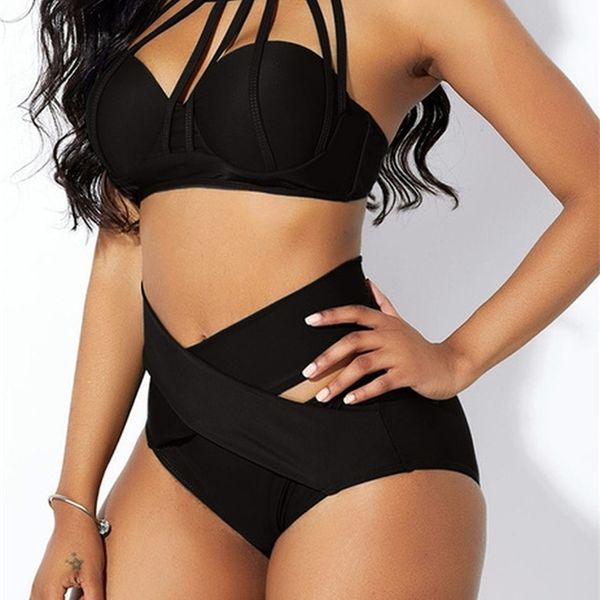 

bikini set women summer fashion halter neck high-waisted two piece swimsuit casual beachwear solid plus size swimsuits, White;black
