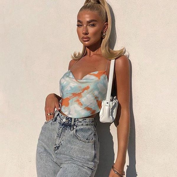 

satin women tanks print backless crops spaghetti strap bandage cute summer sleeveless slim vest streetwear, White