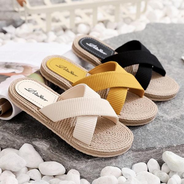 

slippers women summer casual slides comfortable flax striped linen flip flops platform sandals ladies outdoor shoes, Black