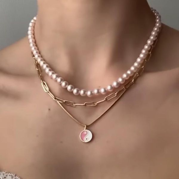 

chains retro multilayer yin yang enamel pendant necklace for women baroque pearl thick choker clavicle chain wedding jewelry party gift, Silver