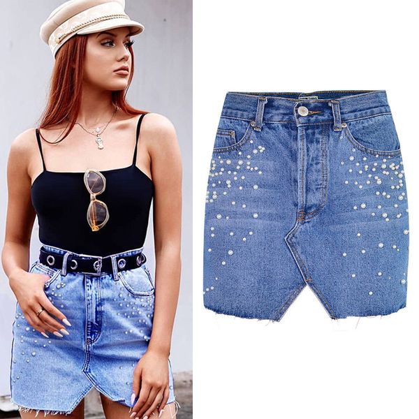 

skirt women pants mini belt jeans exit pearls beads embellished decorated short skirts diamond-studded streetwear high street, Black