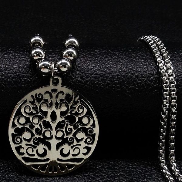 

round long stainless steel chocker necklace women jewlery silver color tree of life necklaces jewelry colgante n18051 pendant