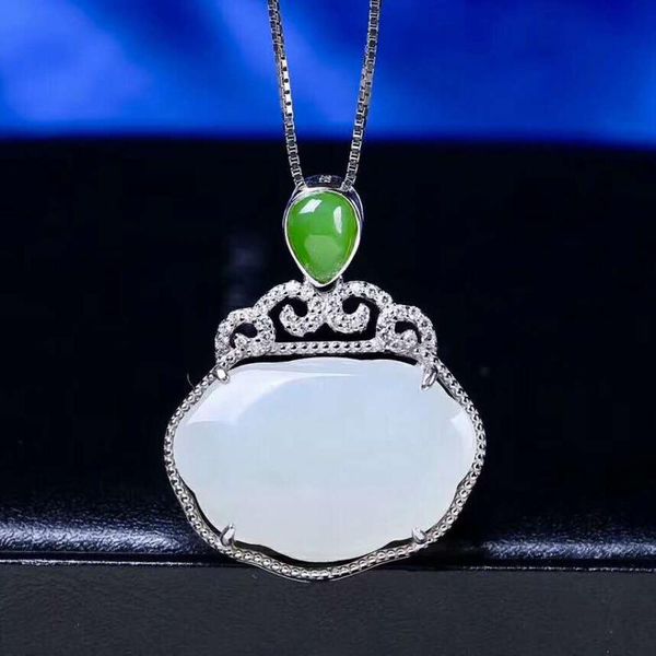 

lockets hetian baiyu silver inlay pendant white jade ruyi h23#