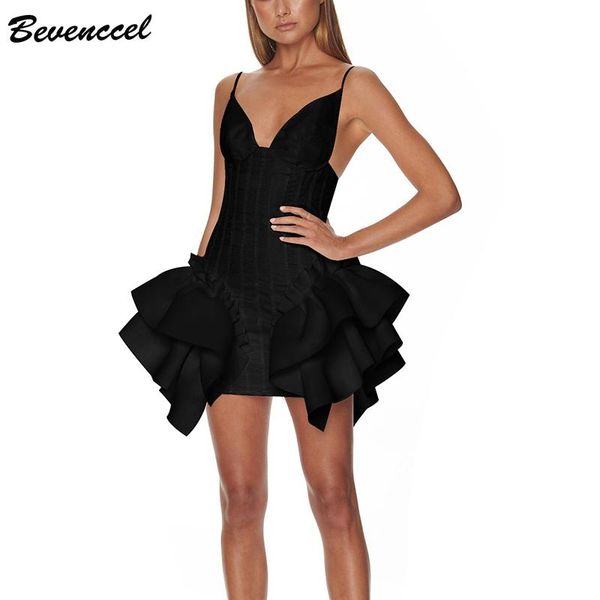 

casual dresses bevenccel 2021 color striped bodycon women bandage dress vestidos v neck cascading ruffle elegant celebrity club party, Black;gray