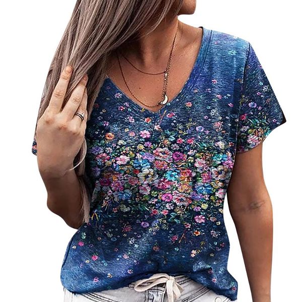 

women's t-shirt summer women v-neck slim short sleeve temperament commuter floral print pullover all-match lady t shirt street, White