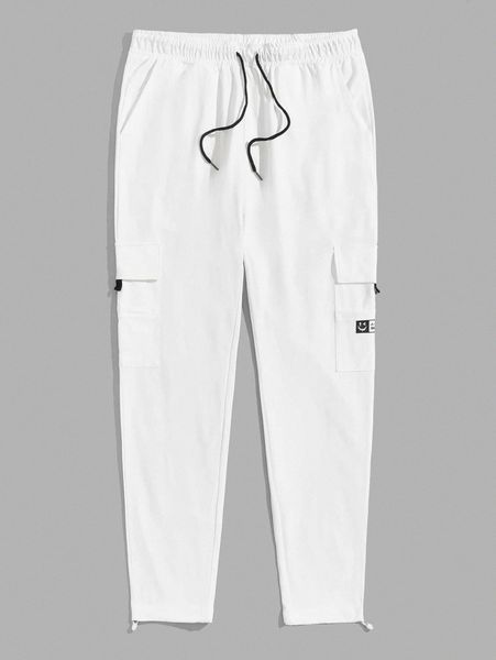 

men slogan graphic flap pocket drawstring waist pants x75n#, Black