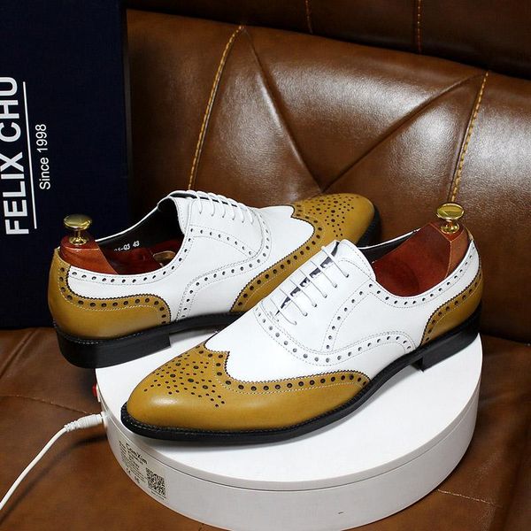 

dress shoes luxury men's handmade wingtip oxford white brogue lace up european calfskin pointed toe leather wedding mens, Black