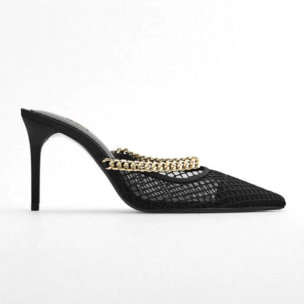 

elisabettang lady casual mule shoe breathable mesh shoes pointed toe party stiletto heel sapatos mujer summer woman black slippers