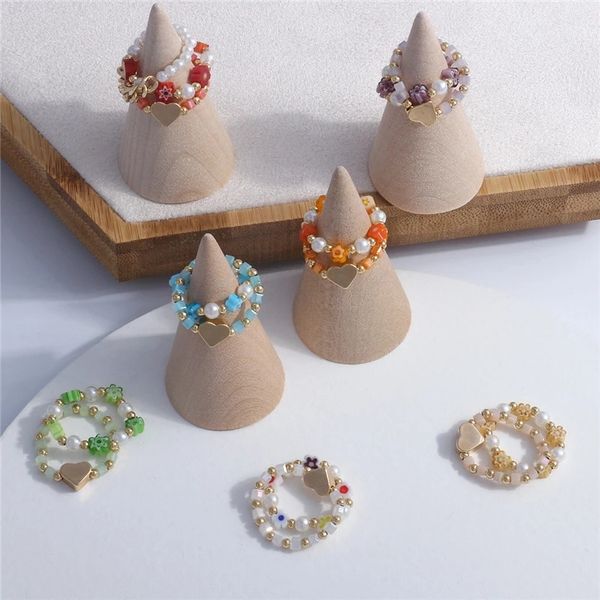 

korea 3pcs set elegant love heart handmade beaded ring for women girls acrylic pearl rice beads finger ring party jewelry, Silver